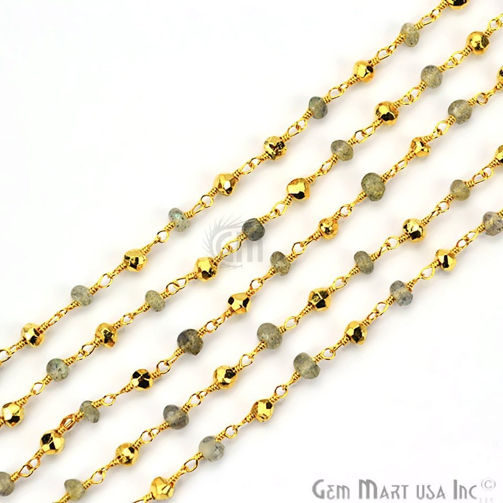 Goldener Pyrit Mit Labradorit 3-3, 5 Mm Perlen Gold Überzogener Draht Eingewickelt Rosenkranz-Kette, Die Schmucksachen Bildet Gemmartusa | Gpgp-30059 von GemMartUSA