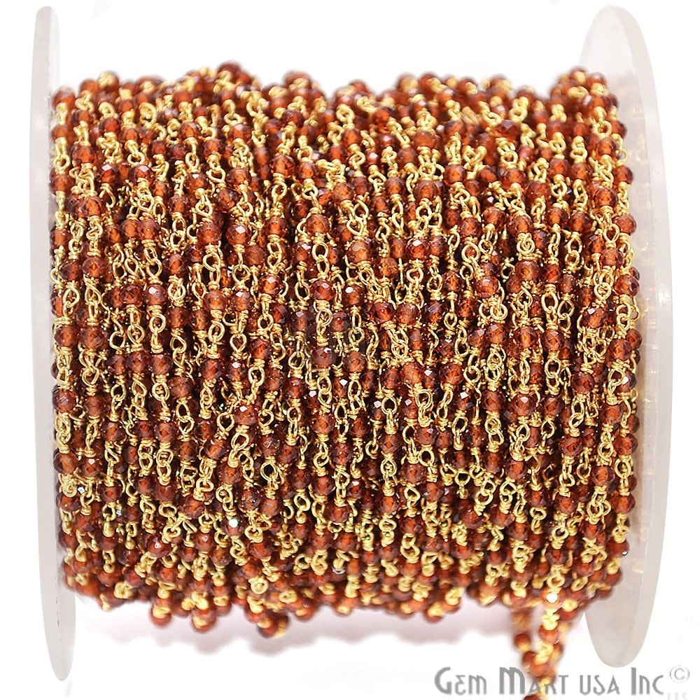 Granat Edelstein Rosenkranz Kette, Zu Fuß, Kleine Glatte Runde Perlen, 24K Vergoldet, Handgemacht, Perlengröße 2-2, 5 Mm | 30000 von GemMartUSA