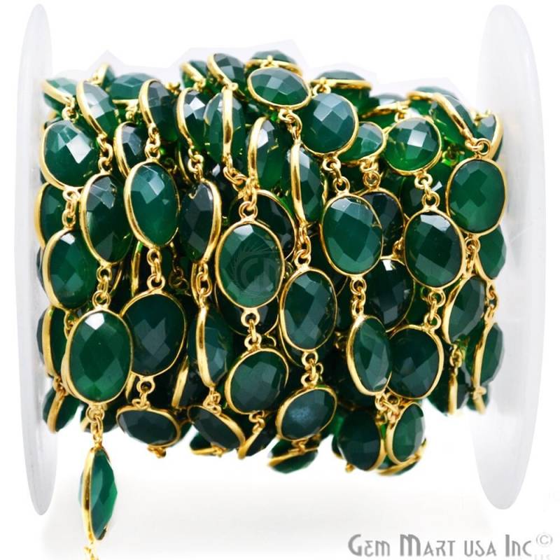 Grüner Onyx Draht Gewickelte Lünette Perlenkette, Linked Connector Kette. 10 X 14 Mm Oval Vergoldete Edelstein Gliederkette | Gpgo-20009 von GemMartUSA