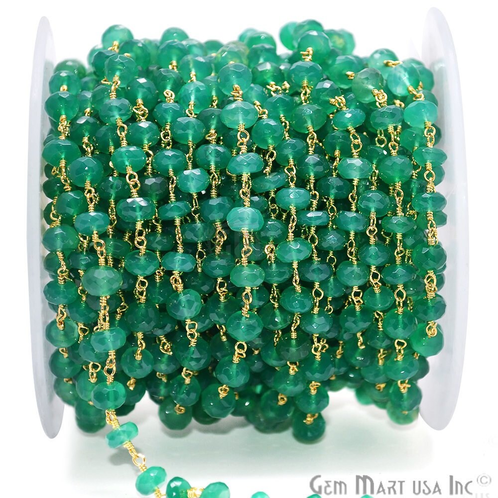 Grüner Onyx Rondelle Perlen Rosenkranz Kette, Vergoldete Draht Eingewickelt Facettierte Perle Kette Gemmartusa | 30038 von GemMartUSA