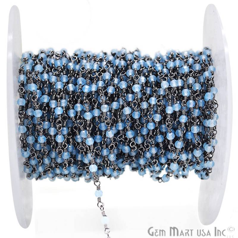 Hellblaue Chalcedon Rondelle Rosenkranz Kette, Schwarz Überzogene Draht Wickelte Perlenkette, Gemmartusa | Epbl-30000 von GemMartUSA