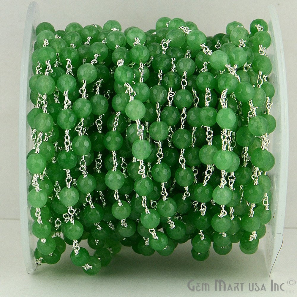 Jade, 6 Mm Silber Überzogener Draht Wickelte Rosenkranz-Kette Durch Fuß. Gemmart Usa | Spja-30014 von GemMartUSA