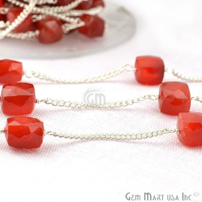 Karneol Box Rosenkranz Kette, 6-7 Mm Perlen Versilbert Handmade Link Würfel Kette Gemmartusa | Spnc-30032 von GemMartUSA