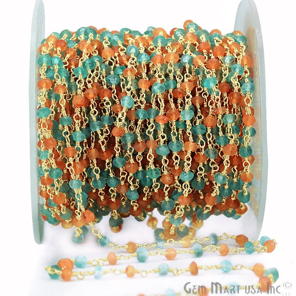 Karneol Mit Aqua Chalcedon 3-3, 5 Mm Perlen Gold Überzogener Draht Umwickelte Rosenkranz-Kette, Die Schmucksachen Gemmartusa Macht | Gppn-30062 von GemMartUSA