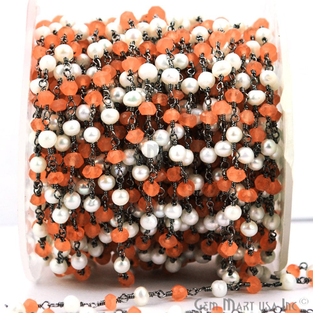 Karneol - Und Süßwasserperlenperlen-Rosenkranzkette, 3-3, 5 Mm Karneolperlen, Draht Gewickelte Oxidierte Schwarze Rosenkranzkette, Gemmartusa von GemMartUSA