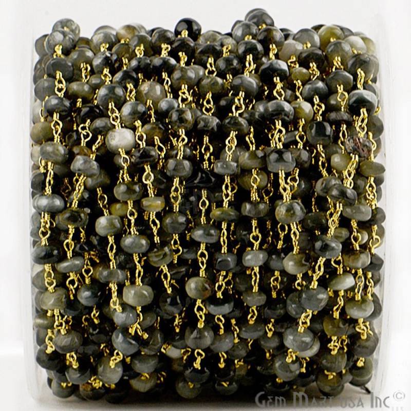 Katzen Augen Rondelle Perlen Rosenkranz Kette, 6-7 Mm Vergoldeter Draht Gewickelt Stein Gemmartusa | Gpci-30036 von GemMartUSA