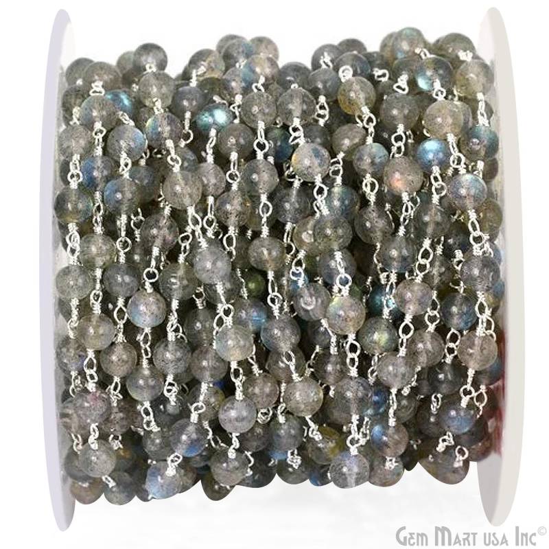 Labradorit, 5 Mm Sterling Silber Draht Gewickelt, Rosenkranz Kette Von Gemmartusa | 925lb-30004 von GemMartUSA