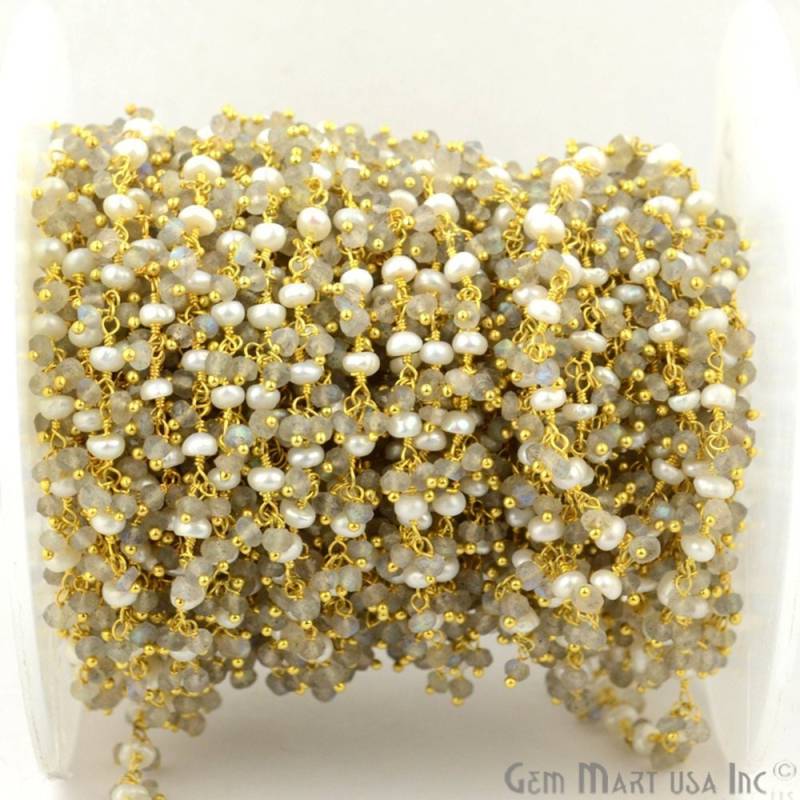 Labradorit Mit Süßwasserperlen Cluster Rosenkranz Kette, 2-2, 5 Mm Vergoldeter Draht Gewickelt Link Kette Gemmartusa | Gplb-30022 von GemMartUSA