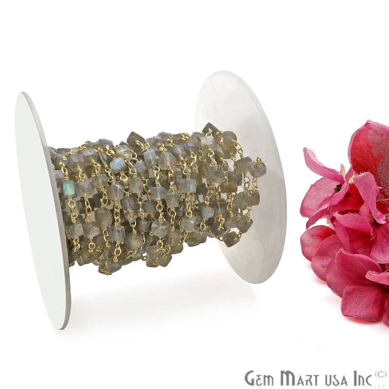 Labradorit Würfel Kette, 5-6 Mm 24K Gold Plated Draht Gewickelt Kette Per Fuß, Gemmartusa | 30008 von GemMartUSA