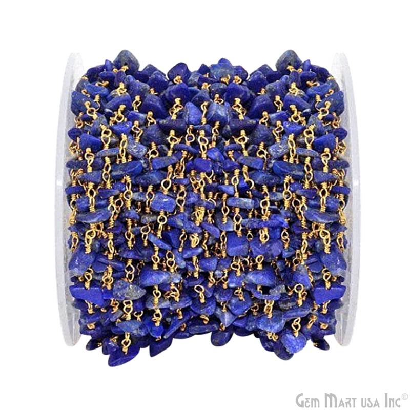 Lapis Lazuli Nugget Chip Perlen Rosenkranz Kette, 4-6 Mm Edelstein, 24 Karat Vergoldeter Draht Gewickelt Gemmartusa | 30025 von GemMartUSA