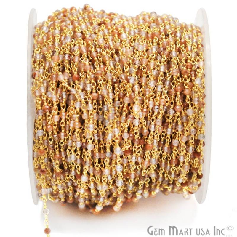 Multi Mondstein Edelstein Rosenkranz Kette, Zu Fuß, Kleine Glatte Runde Perlen, 24K Vergoldet, Handgemacht, Perlengröße 2-2.5 Mm | Gpmm-30000 von GemMartUSA