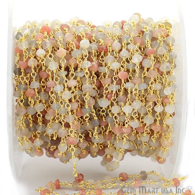 Multi Mondstein Runde Facettierte Perlen Rosenkranz, 3-3.5 Mm 24K Vergoldeter Handgemachter Rosenkranz Kettenfuß | Gpmm-30002 von GemMartUSA