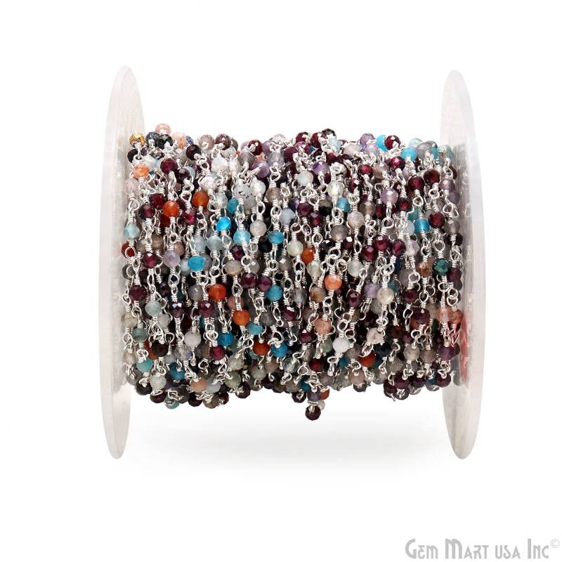 Multi Stein Perlen Rosenkranz Kette, Runde Perlen, Versilberte Edelstein Rosenkranz, Stecker Diy Schmuck 3-3.5 Mm, 925Mx-30002 von GemMartUSA
