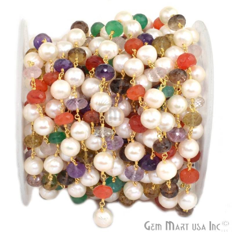 Multi Stein Und Süßwasserperle Rondell Perlen Rosenkranz Kette, 7-9 Mm Vergoldete Handgefertigte Link Stone Gemmartusa, Gpxp-30035 von GemMartUSA