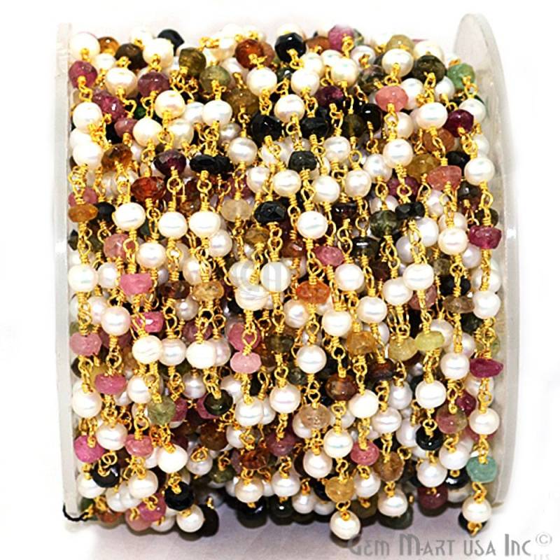 One Foot Multi Turmalin Mit Süßwasserperle Edelstein Perlen 24K Vergoldete Draht Wickelte Rosenkranz Kette Für Die Herstellung Von Schmuck.(30007 von GemMartUSA
