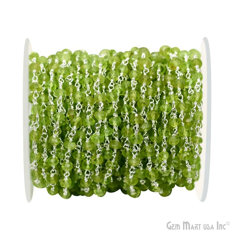 Peridot Perlen Rosenkranz Kette, 3-3.5 Mm Facettierte Edelstein Rondell Perle, Sterling Silber Draht Gewickelt Gemmartusa 925Pt-30002 von GemMartUSA
