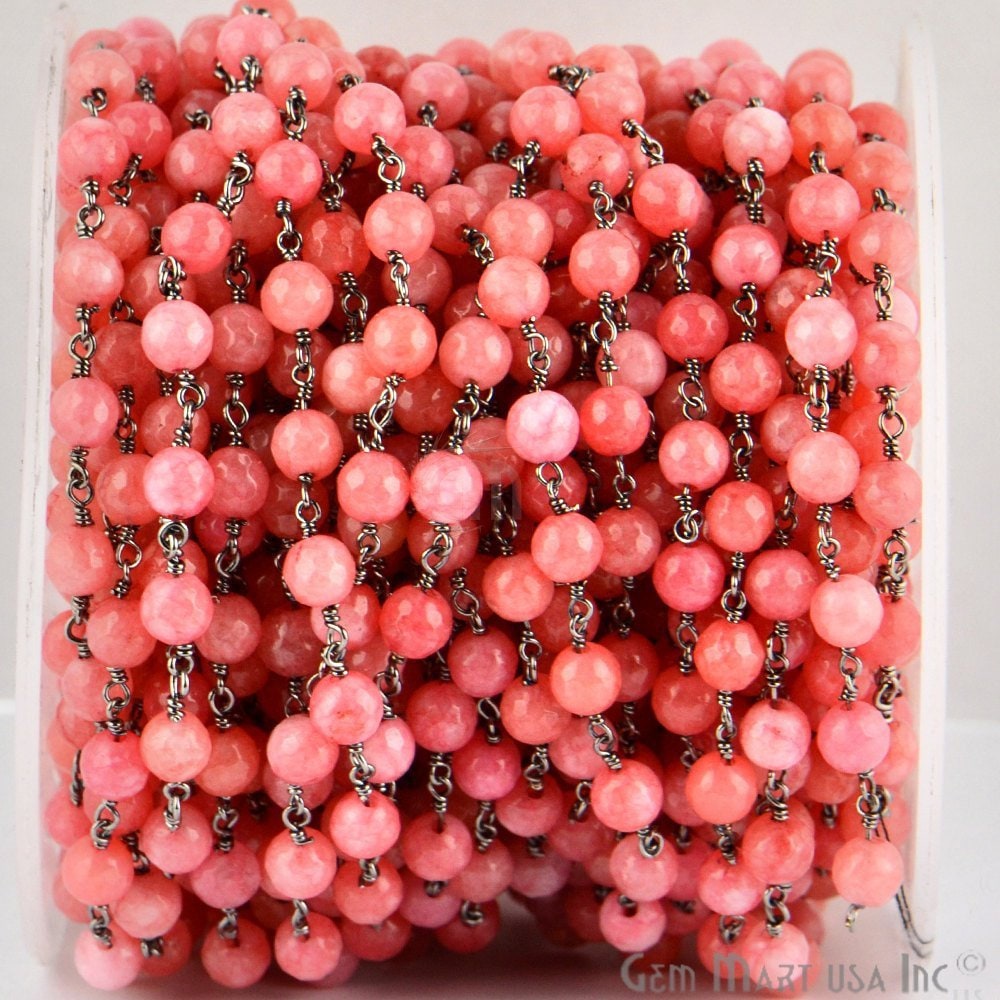 Pink Pfirsich Jade, 6 Mm Oxidierter Draht Gewickelt, Rosenkranz Kette Per Fuß. Gemmartusa | Gppi-30014 von GemMartUSA