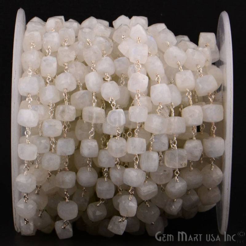 Regenbogen Mondstein, 5-6 Mm Versilberte Handgemachte Box Rosenkranz Kette Durch Fuß Gemmartusa | Sprm-30008 von GemMartUSA