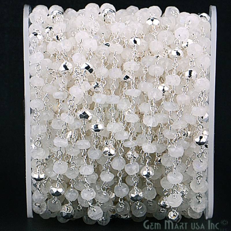 Regenbogen Mondstein Mit Silbernem Pyrit, 3-3, 5 Mm Versilberte Handgemachte Rosenkranzkette Gemmartusa | Sprs-30002 von GemMartUSA