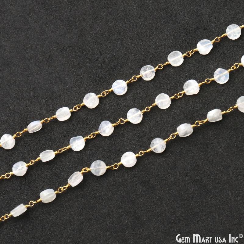 Regenbogen Mondstein Münze Kette, Perlen Runde Rohperlen Vergoldete Gemmartusa Dprm-30012 von GemMartUSA