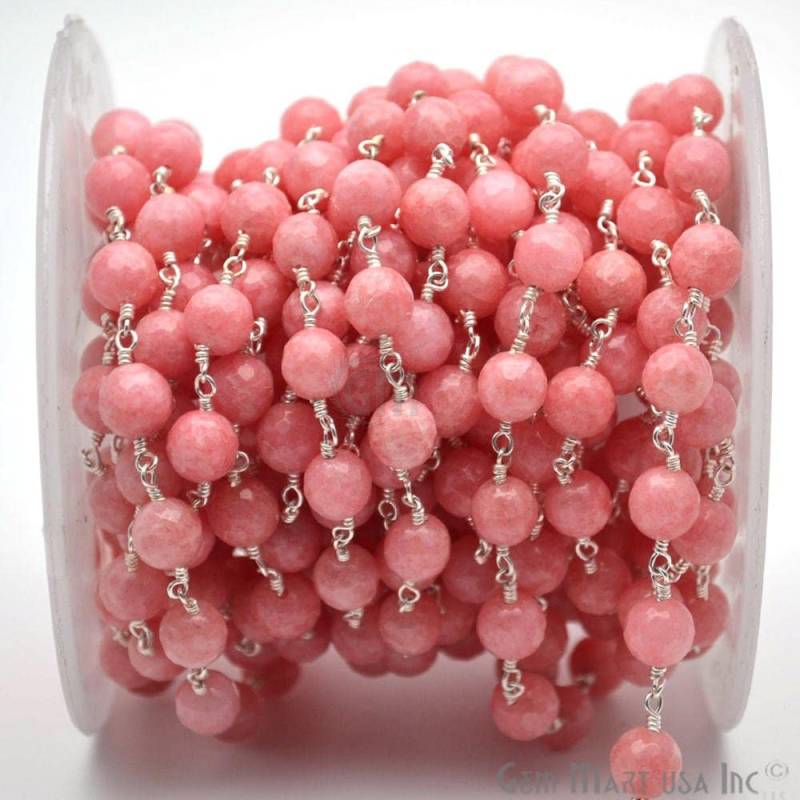 Rosa Pfirsich Jade Rosenkranz Kette, 8 Mm Versilberte Handgemachte Glieder Kette Gemmartusa | Sppi-30013 von GemMartUSA