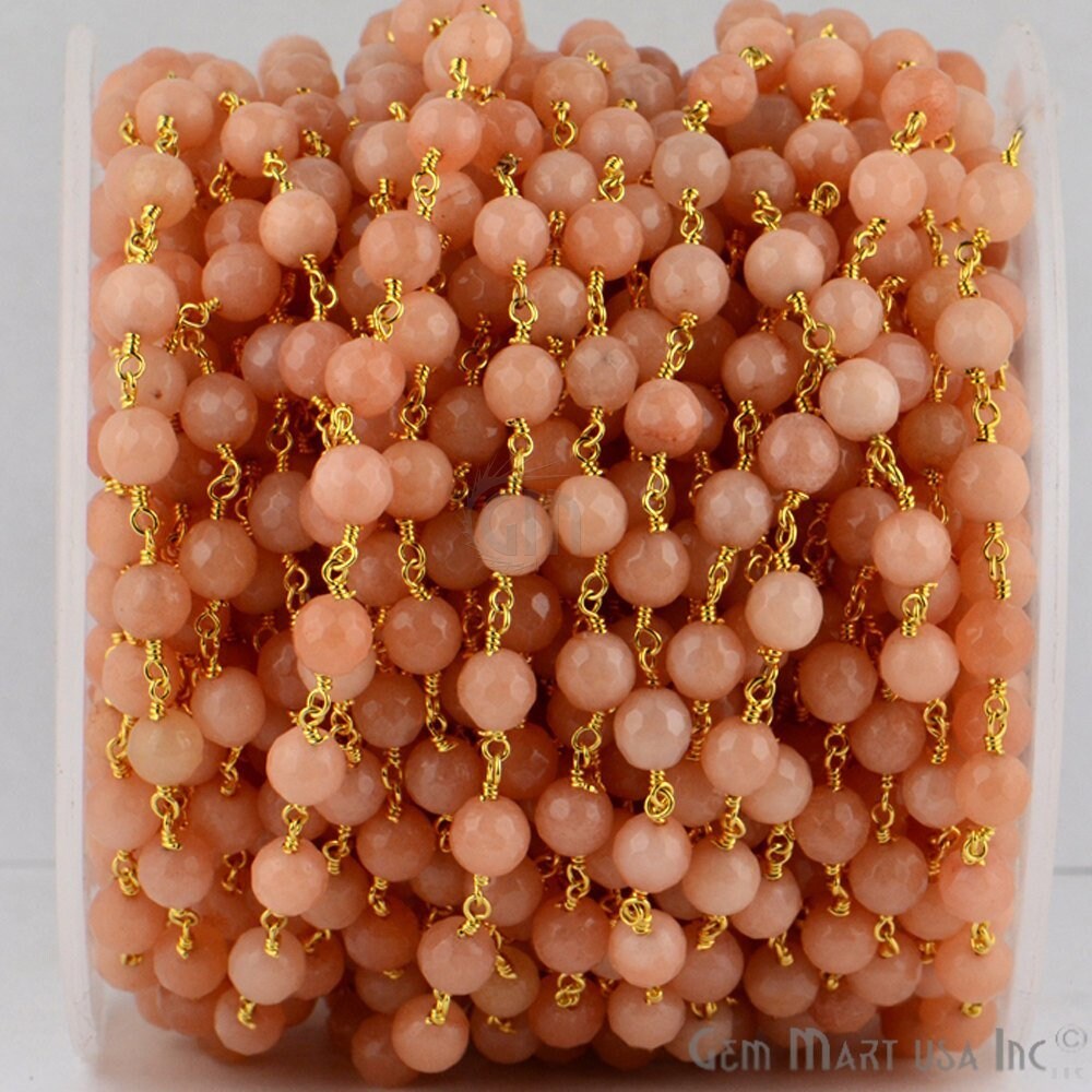 Rosa Pfirsich Mondstein Jade, 6 Mm 24K Vergoldete Handgemachte Rosenkranz Kette Zu Fuß Gemmartusa | 30014 von GemMartUSA