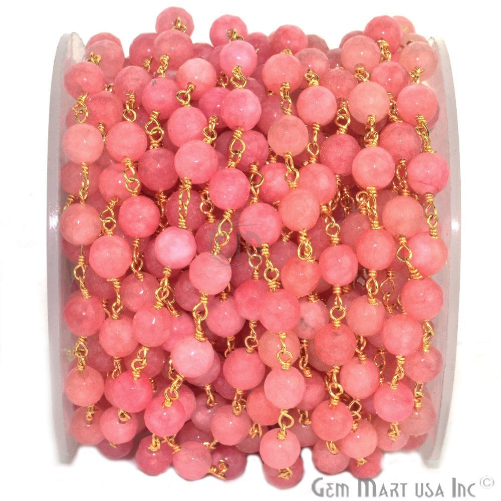 Rosa Sunstone Jade Perlen Rosenkranz Kette, 6 Mm Vergoldeter Draht Umwickelt Stein Kette Gemmartusa | Gpfj-30014 von GemMartUSA