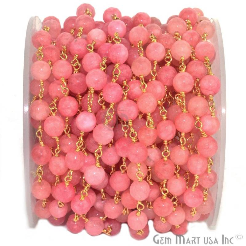 Rosa Sunstone Jade Perlen Rosenkranz Kette, 6 Mm Vergoldeter Draht Umwickelt Stein Kette Gemmartusa | Gpfj-30014 von GemMartUSA