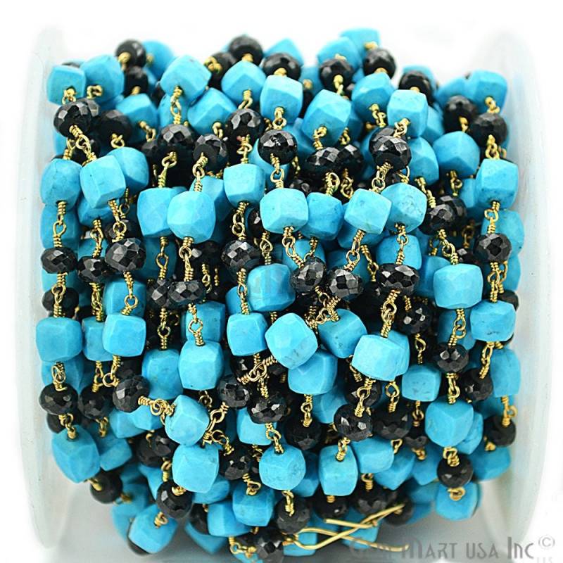 Schwarz Spinell | 5-6 Mm Mit Türkis | 6-7 Mm, 24K Gold Plated Draht Gewickelt Box Perlen Rosenkranz Kette Gemmartusa | Gpel-30009 von GemMartUSA