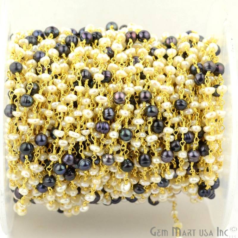 Schwarz-Weiße Süßwasserperle Perlen Rosenkranz Kette, 4 Mm Vergoldeter Draht Gewickelt Stein Gemmartusa | Gppb-30008 Schwarz-Weiße Süßwasserperle Perlen Rosenkranz Kette, 4 Mm Vergoldeter Draht Gewickelt Stein Gemmartusa | Gppb-30008 von GemMartUSA