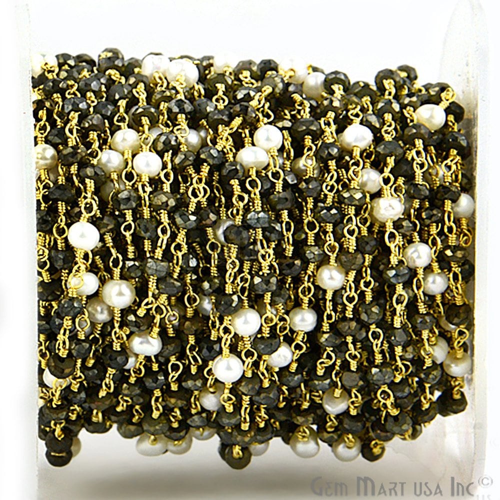 Schwarzer Spinell Mit Süßwasserperle, 3-3, 5 Mm 24K Vergoldete Draht Gewickelt Rosenkranz Kette Zu Fuß Gemmartusa | Gpbs-30007 von GemMartUSA