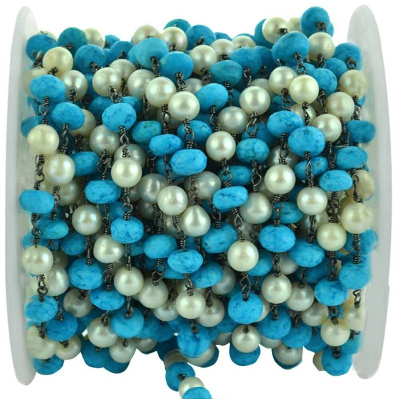 Türkis Mit Süßwasserperle Perlen Rosenkranz Kette, 6-7 Mm Oxidierter Draht Gewickelt Stein Gemmartusa | Bttl-30036 von GemMartUSA