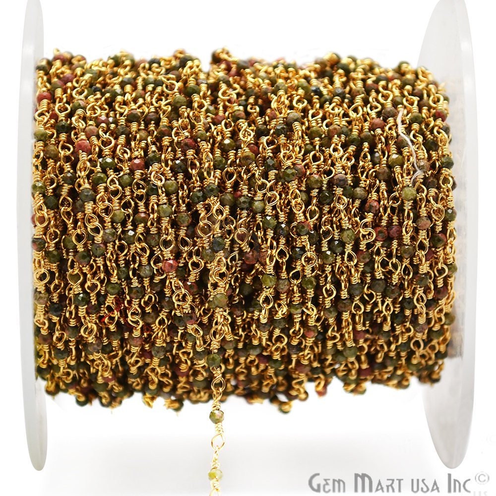 Unakit Rondelle Perlen Rosenkranz Kette, Vergoldete Draht Eingewickelt Perlenkette Gemmartusa | 30000 von GemMartUSA
