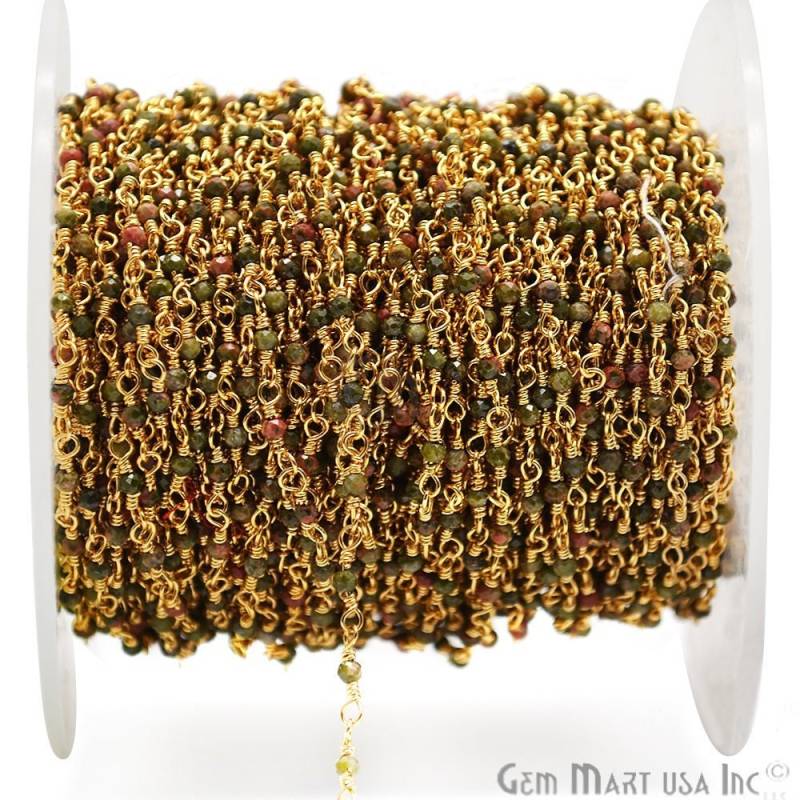 Unakit Rondelle Perlen Rosenkranz Kette, Vergoldete Draht Eingewickelt Perlenkette Gemmartusa | 30000 von GemMartUSA