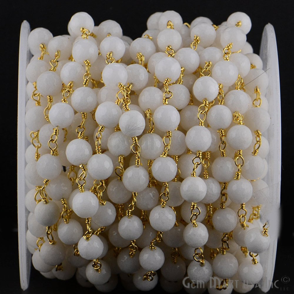 Weiß Achat Jade Perlen Rosenkranz Kette, 8 Mm Vergoldete Handmade Link Stein Kette Gemmartusa | Gptj-30013 von GemMartUSA