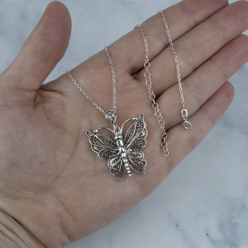 925 Sterling Silber Schmetterling Design Filigrane Stil Anhänger Halskette Mit 20 "Emboss Kette von GemSilverUS