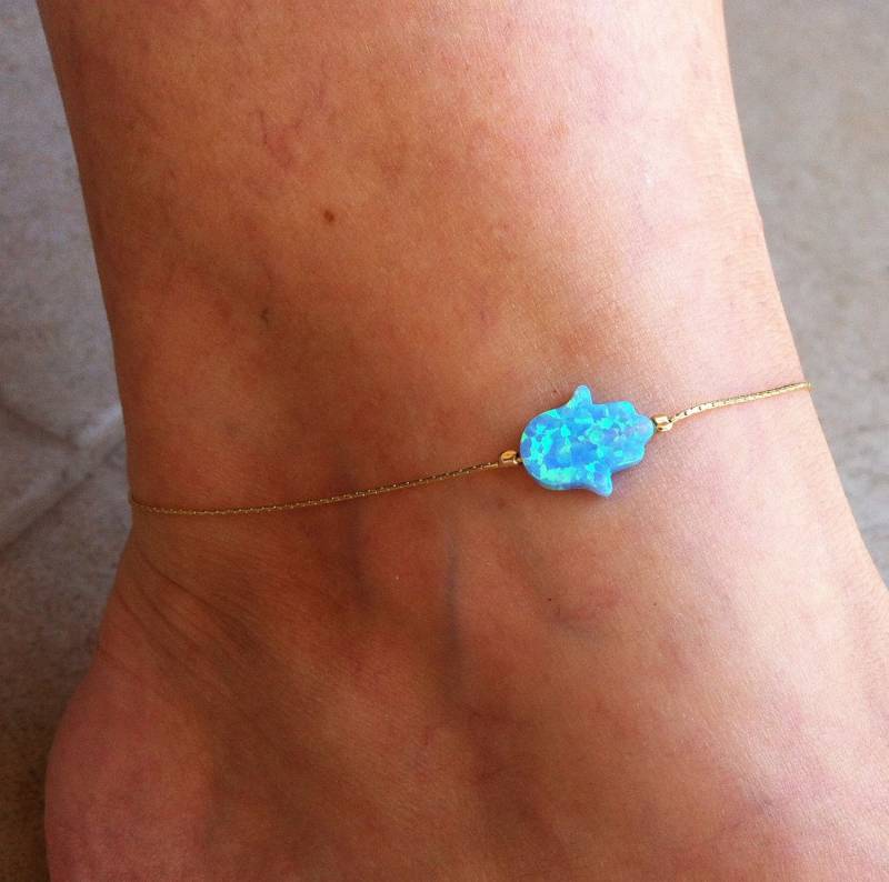 Hamsa Hand Opal Fußkettchen/Blau Charm Anhänger Gold Filled Oder Sterling Silber Schmuck 1 Stk von GemazoneJewelry