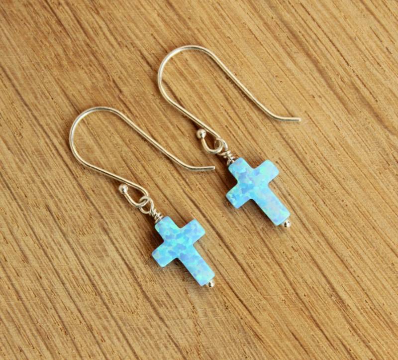 Kreuz Ohrringe/Opal Tropfen Blauer Anhänger 925 Sterling Silber Schmuck Junges Mädchen Geschenk von GemazoneJewelry