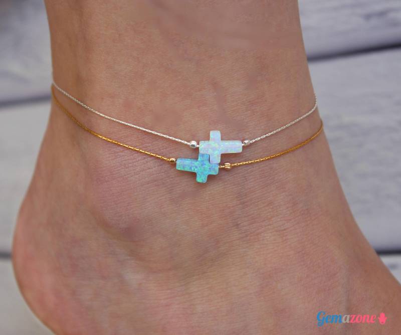 Opal Kreuz Fußkettchen Set - Sterling Silber & Gold-Gefüllte Armbänder von GemazoneJewelry