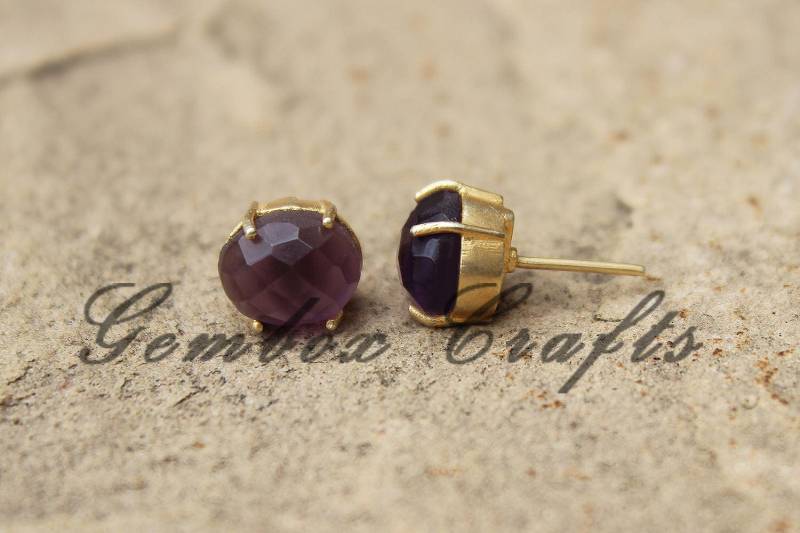 Amethyst Hydro Quarz 8 X 10 Mm Oval Checker Cut Vermeil Claw Prong 925 Silber Lünette Einstellung Ohrstecker Lila Edelstein Goldene Zierliche Ohrring von GemboxCrafts