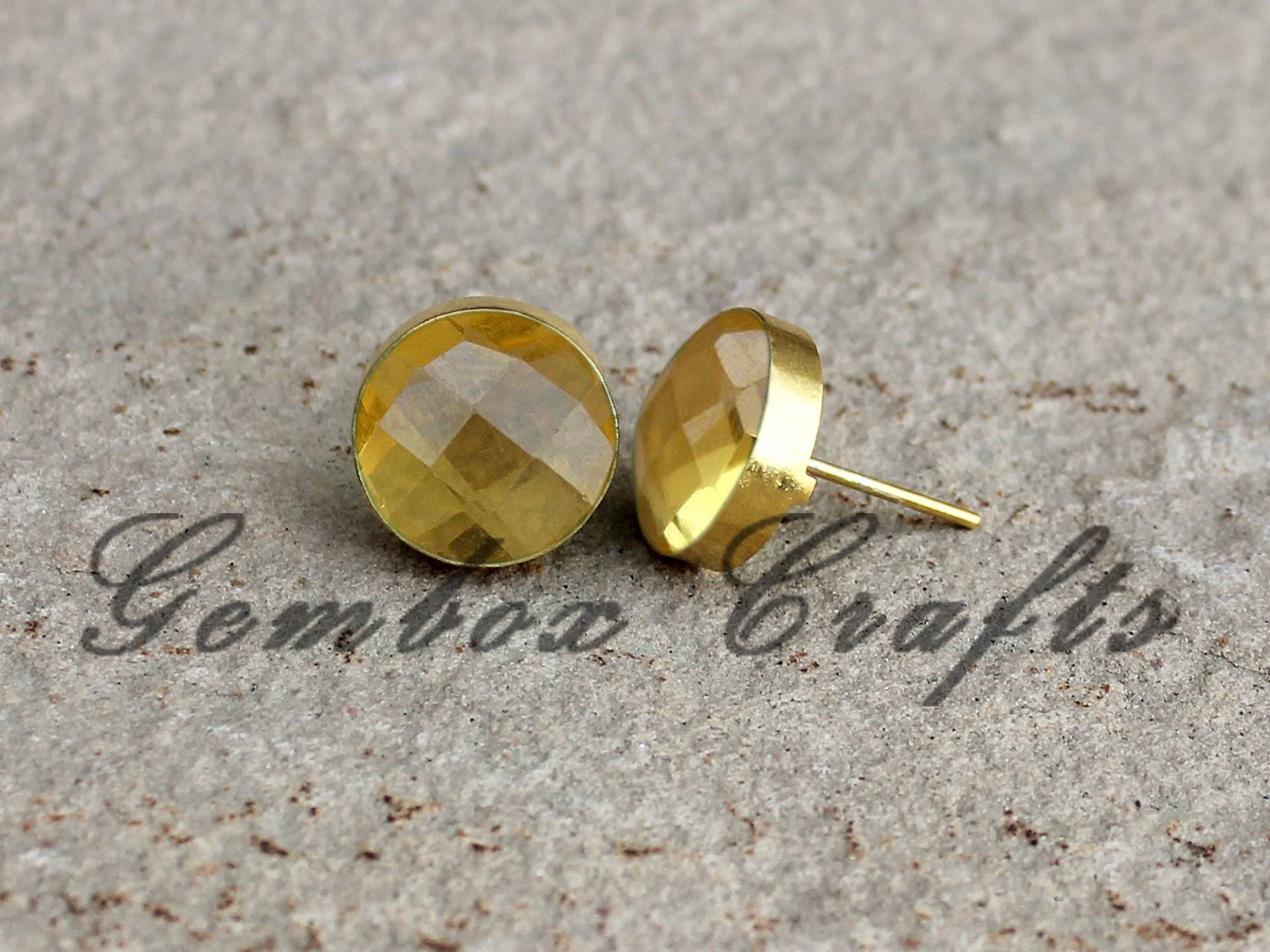 Citrin Hydro Quarz Runde Checker Cut 925 Sterling Silber Vergoldet Glatte Ohrstecker Ohrringe von GemboxCrafts