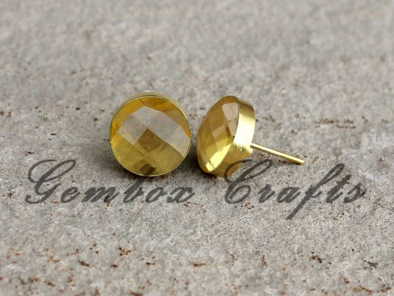 Citrin Hydro Quarz Runde Checker Cut 925 Sterling Silber Vergoldet Glatte Ohrstecker Ohrringe von GemboxCrafts