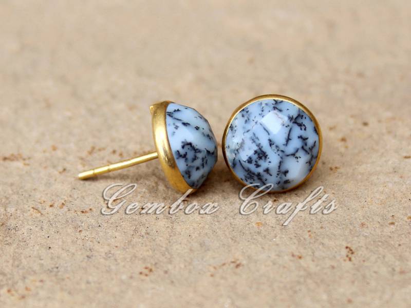 Dendrit Achat Runde Checker Cut 925 Sterling Silber Vergoldet Glatte Finish Ohrstecker von GemboxCrafts