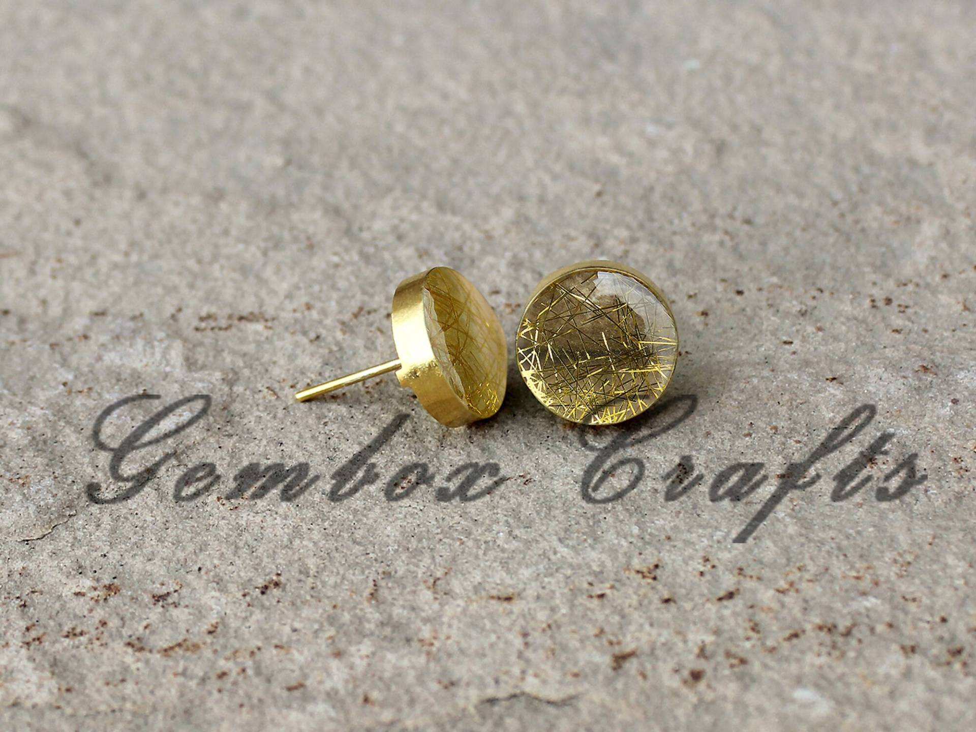 Golden Rutilated Hydro Quarz Runde Cabochon 925 Sterling Silber Vergoldet Glatte Ohrstecker Ohrringe von GemboxCrafts