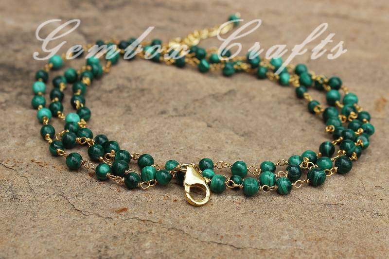 Malachit 3-4 Mm Runde Glatte Perlen Gold Vergoldet Doppelt Linie Kette Mit Extender von GemboxCrafts