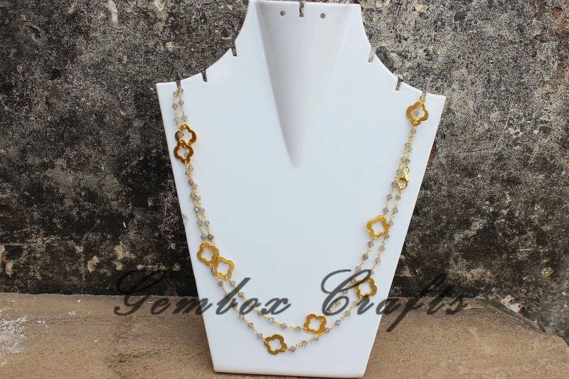 Natürliche Labradorit 3-4mm Runde Facette 925 Sterling Silber Perlen Kette Vergoldete Halskette Mit Gold Messing Klee von GemboxCrafts