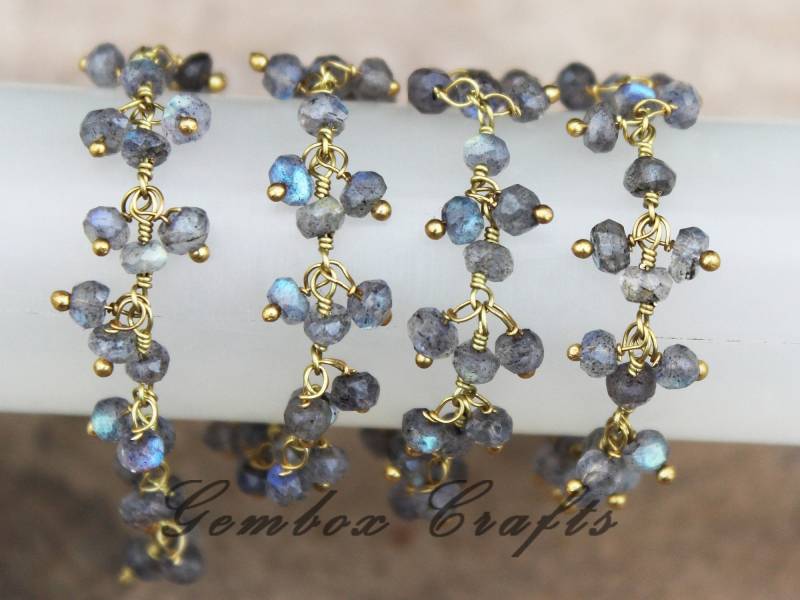 Natürliche Labradorit Cluster Rosenkranz Kette, 3-4mm 24K Vergoldeter Draht Gewickelt, Kette Zu Fuß, Blaue Auffällige Labro Verkettete Halskette von GemboxCrafts