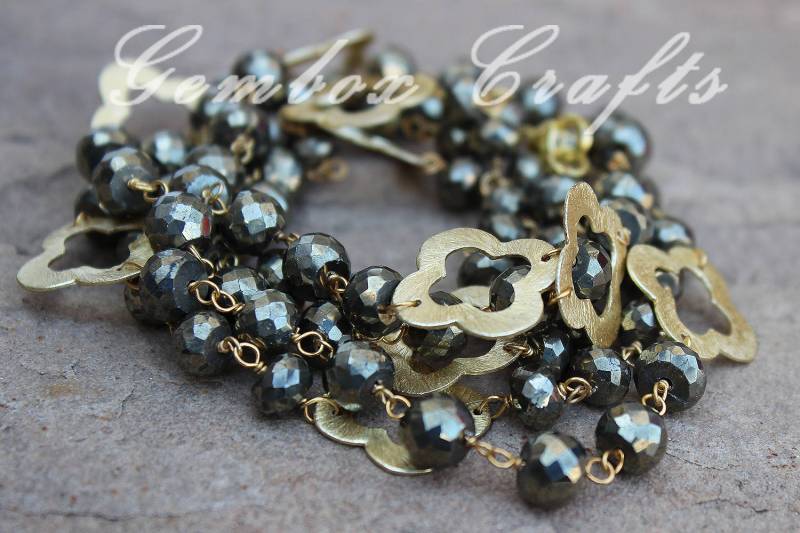 Natürliche Pyrit 6mm Rondelle Facette 925 Sterling Silber Perlen Kette Vergoldet Halskette Mit Gold Messing Klee Rund von GemboxCrafts