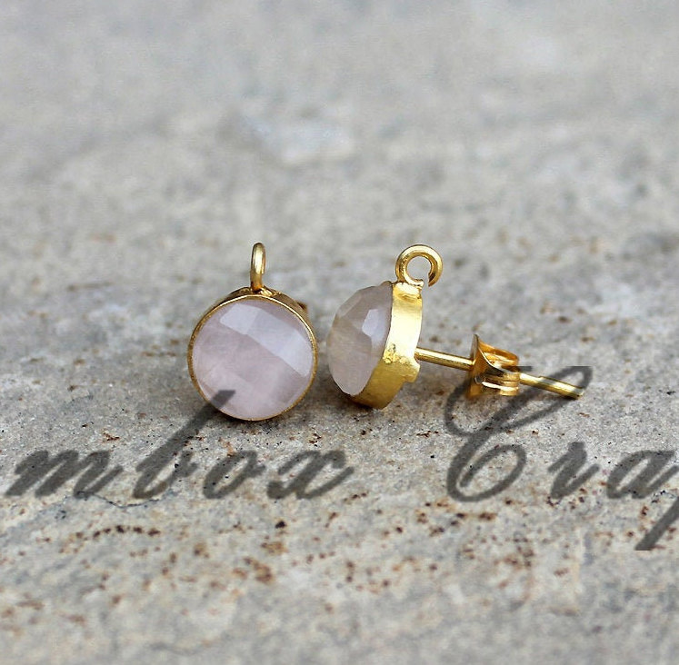 Natürliche Rosenquarz Runde Checker Geschnitten 925 Sterling Silber Vergoldet Glatte Ohrstecker Mit Schlaufe von GemboxCrafts