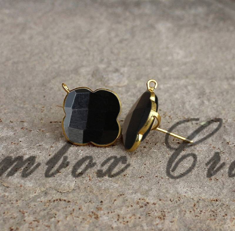 Natürliche Schwarze Onyx Klee Briolette 925 Sterling Silber Vergoldet Glatte Oberfläche Ohrstecker Mit Schleifen - Glänzend Dunkel Echte Juwel von GemboxCrafts